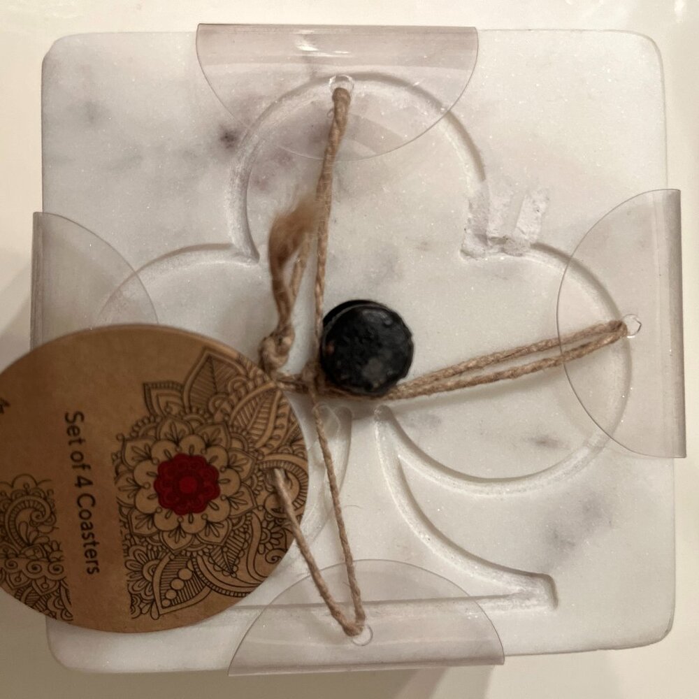 White Marble‎ Coasters Set of 4 with Holder Gift Ready New